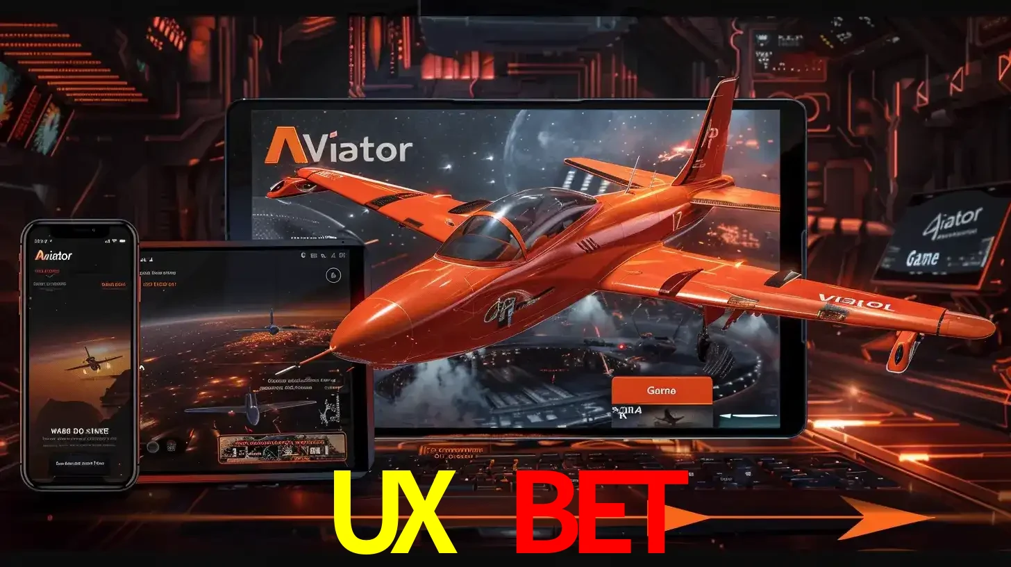 Apresentação tecnológica do jogo Aviator com um avião saindo da tela de um tablet, demonstrando a experiência imersiva em múltiplos dispositivos no UX BET.