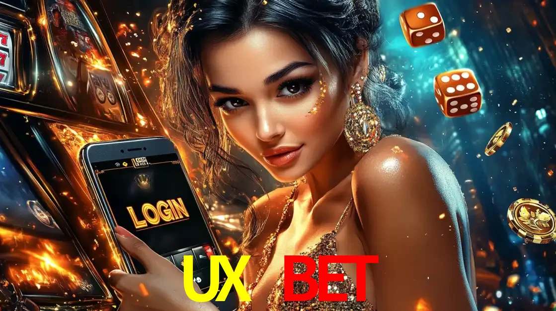 Mulher glamourosa segurando um celular com a tela de login do cassino UX BET, rodeada por dados e moedas douradas, pronta para começar a diversão.