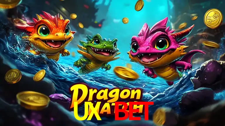 Arte promocional do jogo Dragon Hatch com três adoráveis dragões bebês nadando entre moedas de ouro, um dos slots mais divertidos para jogar no cassino UX BET.