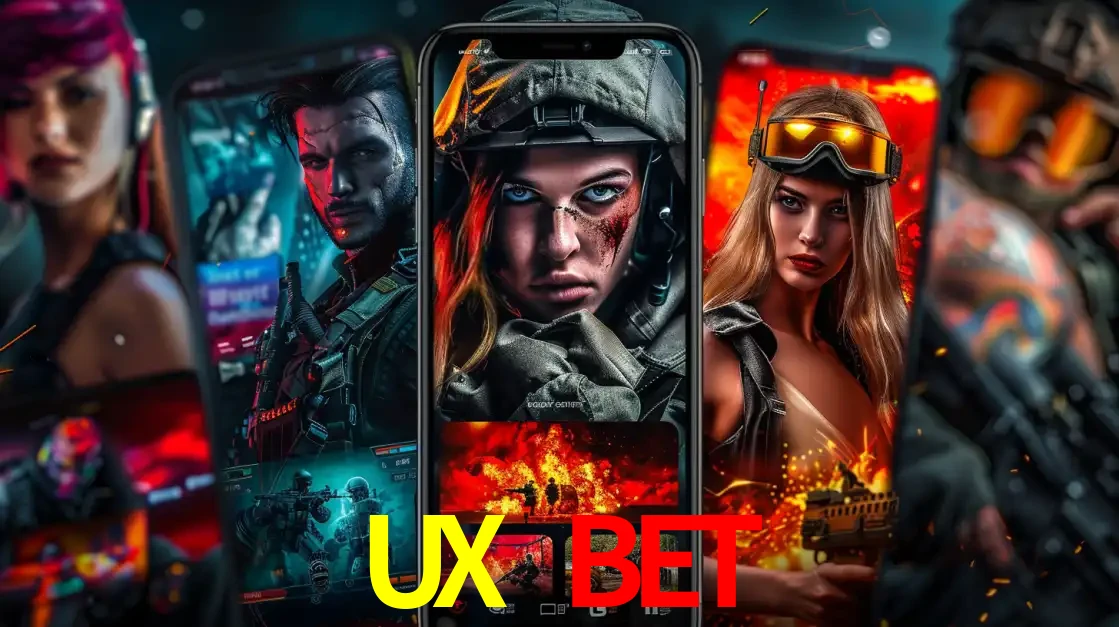 Montagem de telas de celular mostrando diversos personagens, masculinos e femininos, de um jogo de tiro, ilustrando a diversidade de equipes de e-sports para apostar no UX BET.