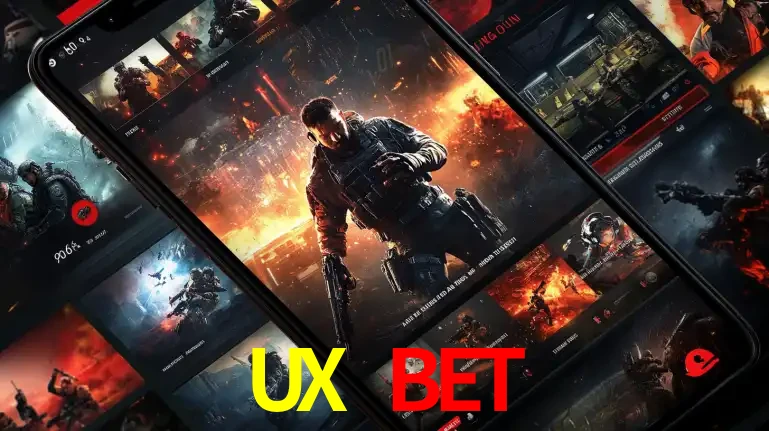 Tela de um celular exibindo uma galeria de jogos de tiro com temática militar, mostrando a variedade de e-sports disponíveis para apostas na plataforma de entretenimento UX BET.