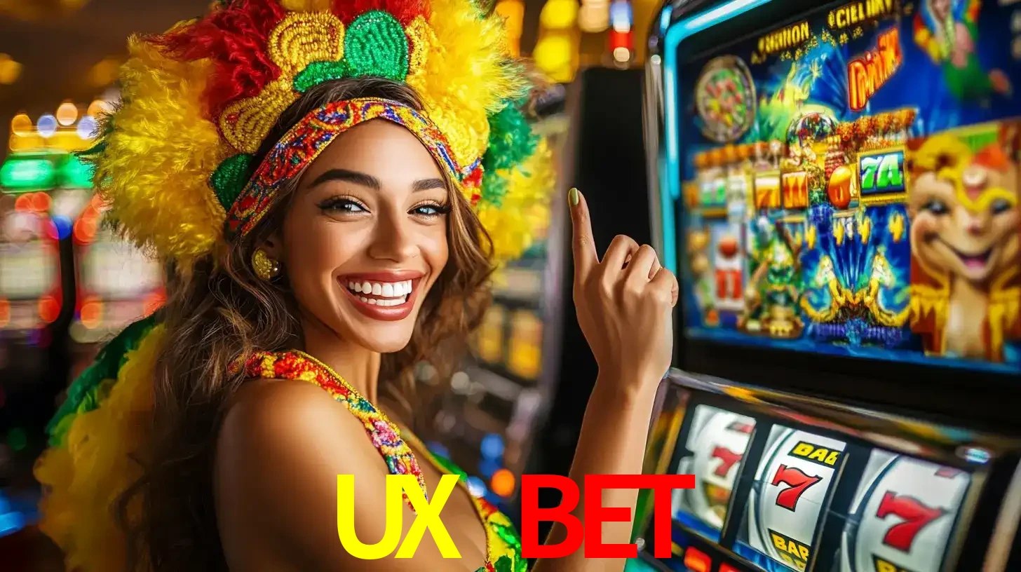 Mulher animada com um cocar de carnaval apontando para uma máquina de caça-níqueis, mostrando a emoção de ganhar um grande prêmio nos jogos do UX BET.