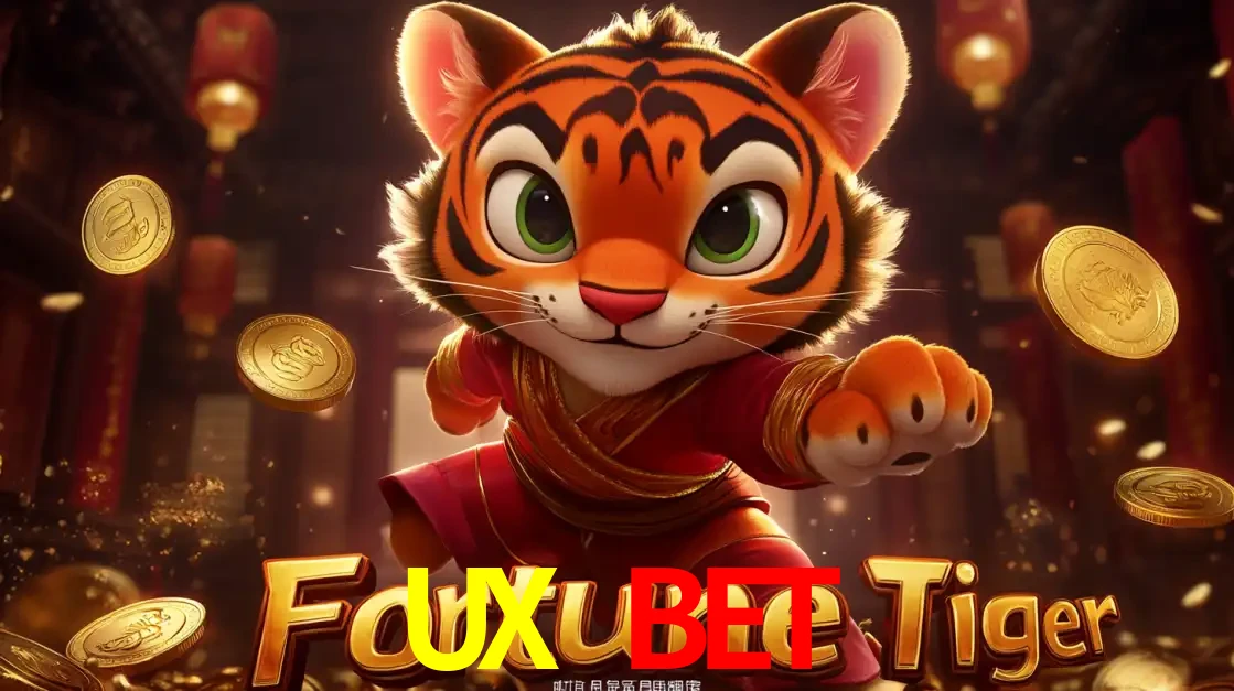 O carismático mascote do jogo de slot Fortune Tiger, um tigre fofo em pose de artes marciais, pronto para trazer sorte e multiplicadores de ganhos no cassino online UX BET.
