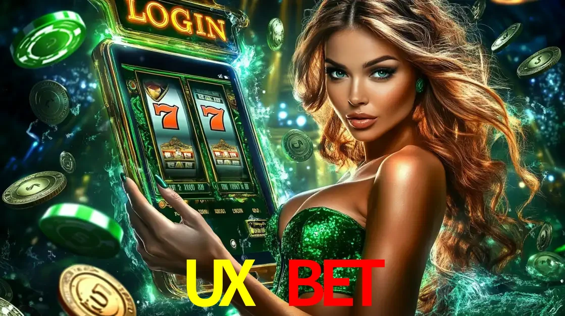 Mulher com tema verde apresentando o aplicativo do cassino UX BET com um jogo de slot de 777, cercada por fichas de cassino e uma aura de sorte.