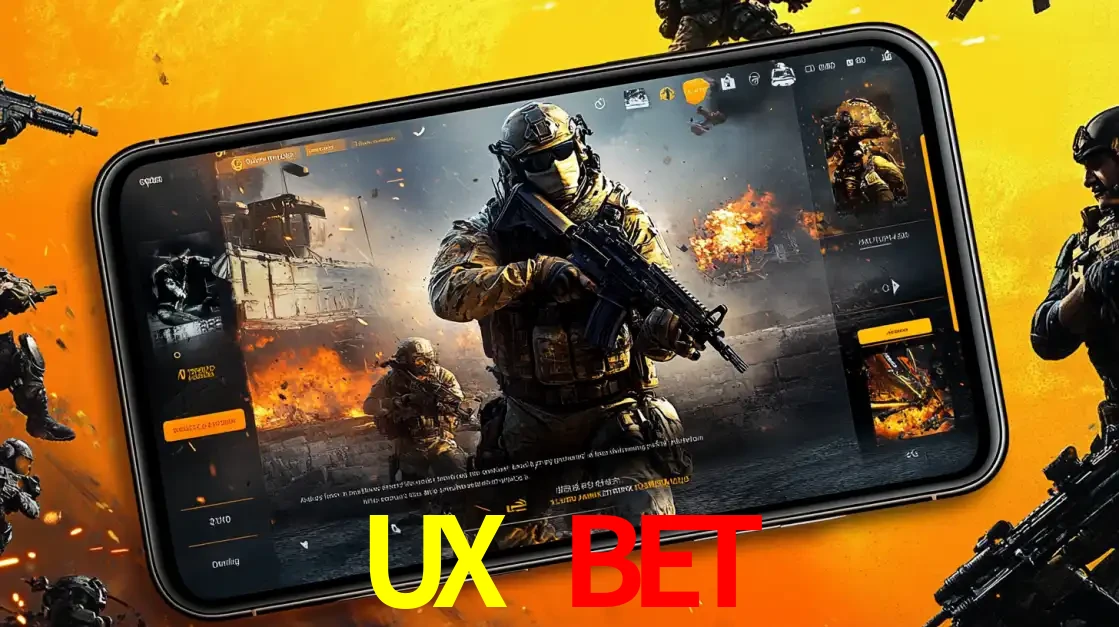 Um smartphone exibindo a interface de um jogo de tiro em primeira pessoa, com um soldado em um cenário de batalha, representando a ação dos e-sports para apostar no UX BET.