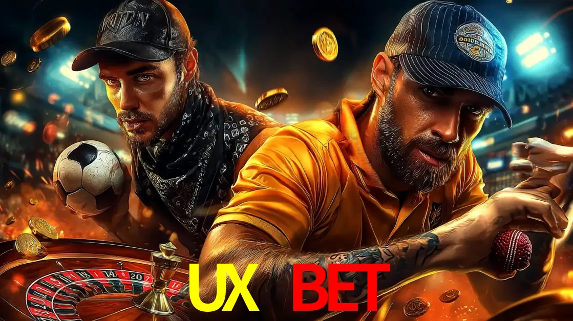 Montagem de apostas esportivas e cassino no UX BET, com um homem segurando uma bola de futebol e outro uma de beisebol sobre uma roleta e moedas voadoras.