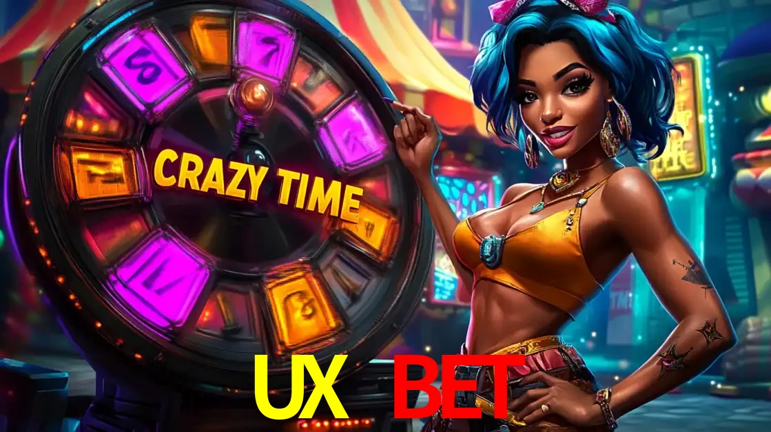 Mulher estilizada com cabelo azul e visual vibrante posando ao lado da roda de prêmios do game show Crazy Time, convidando para a diversão e os bônus do cassino UX BET.