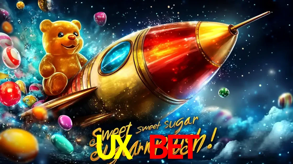 Arte promocional do jogo de slot Sugar Rush, com um urso de pelúcia em um foguete viajando pelo espaço de doces, um dos jogos divertidos disponíveis no cassino UX BET.