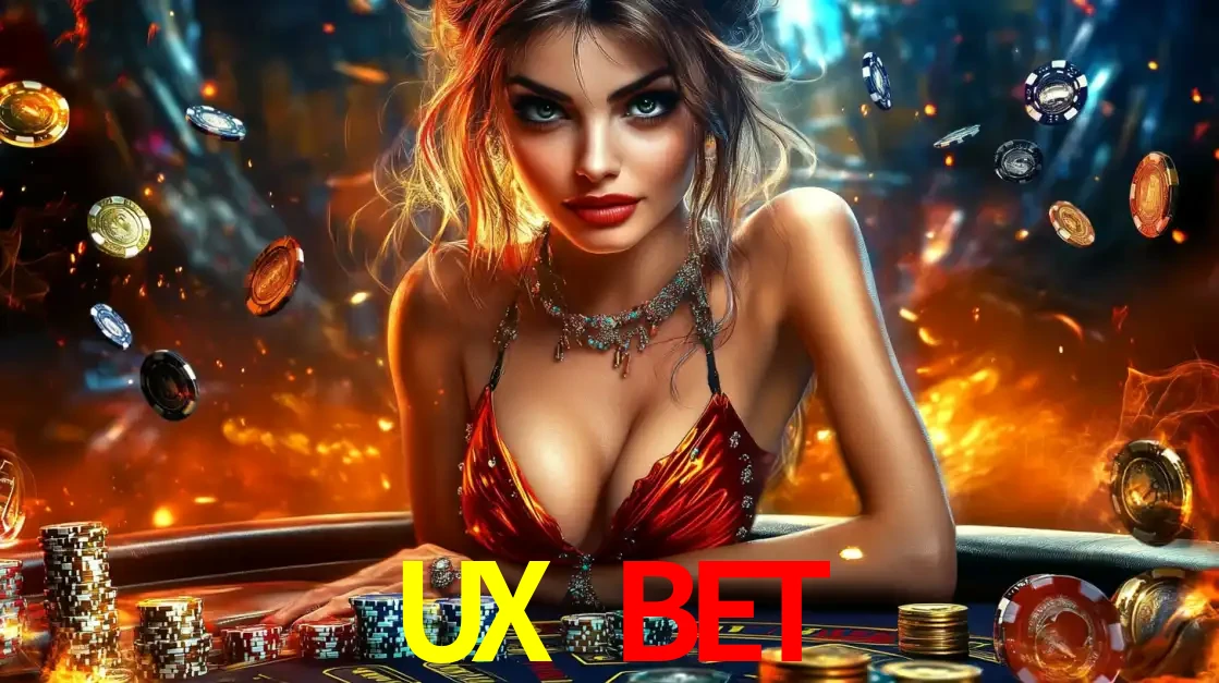 Mulher em uma mesa de cassino com pilhas de fichas e um fundo de fogo, pronta para uma rodada de altas apostas nos jogos de mesa emocionantes do cassino UX BET.