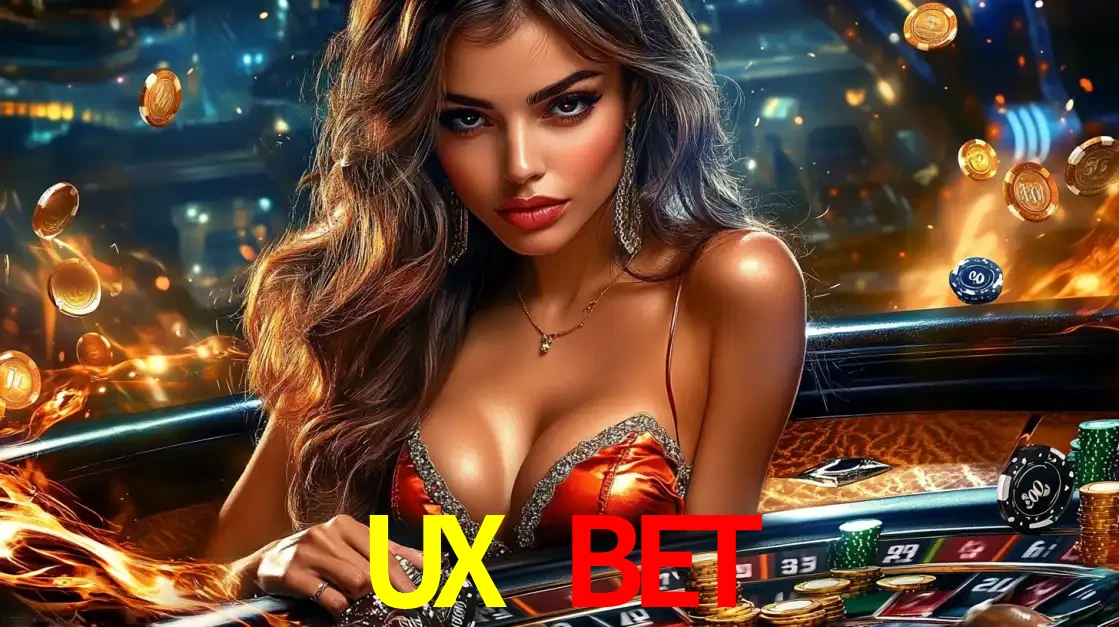 Mulher glamourosa em uma mesa de roleta com um fundo de chamas e moedas voadoras, pronta para fazer sua aposta e ganhar grandes prêmios no cassino ao vivo UX BET.