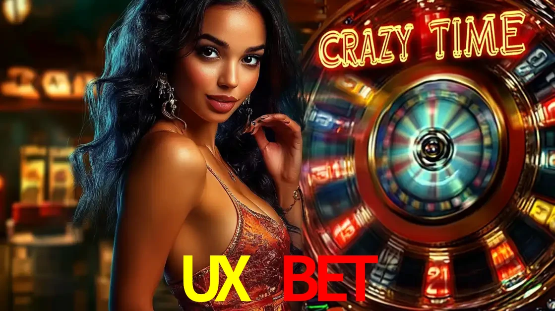 Mulher elegante ao lado da vibrante roda da fortuna do jogo de cassino ao vivo Crazy Time, um dos game shows mais populares e cheios de prêmios do UX BET.