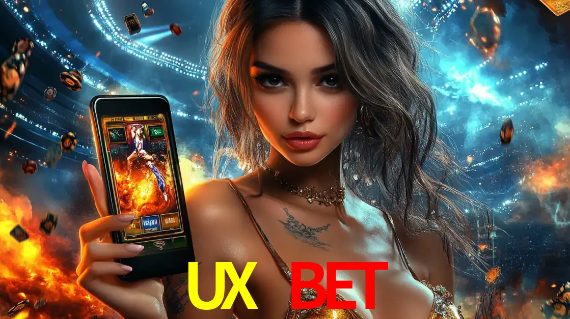 Mulher segurando um celular com um jogo de slot em destaque, tendo como fundo um estádio vibrante, simbolizando a emoção de jogar no cassino móvel UX BET.