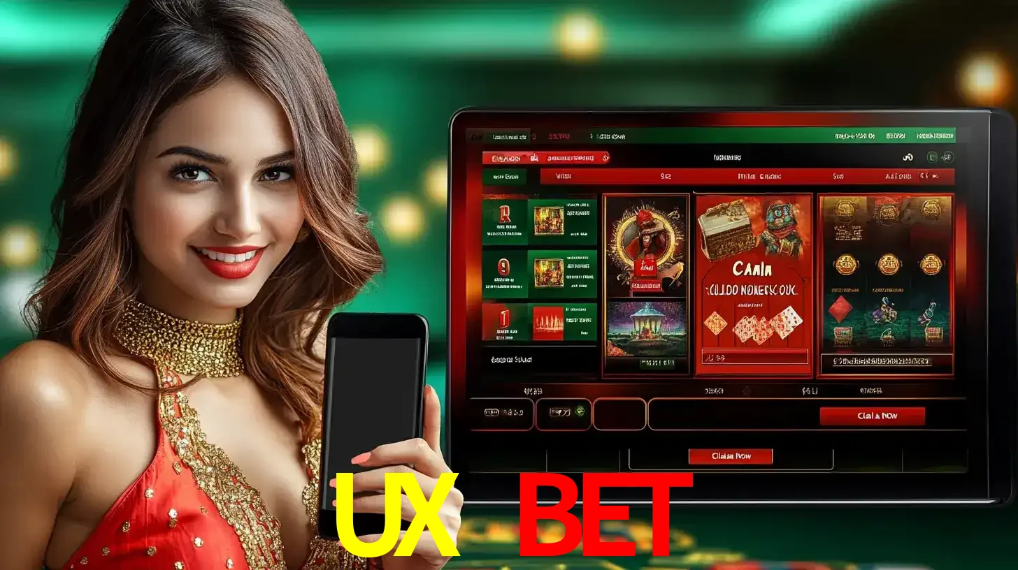 Mulher sorridente segurando um smartphone, ao lado de uma tela exibindo o lobby de jogos do cassino online UX BET, com várias opções de jogos de cartas e slots.